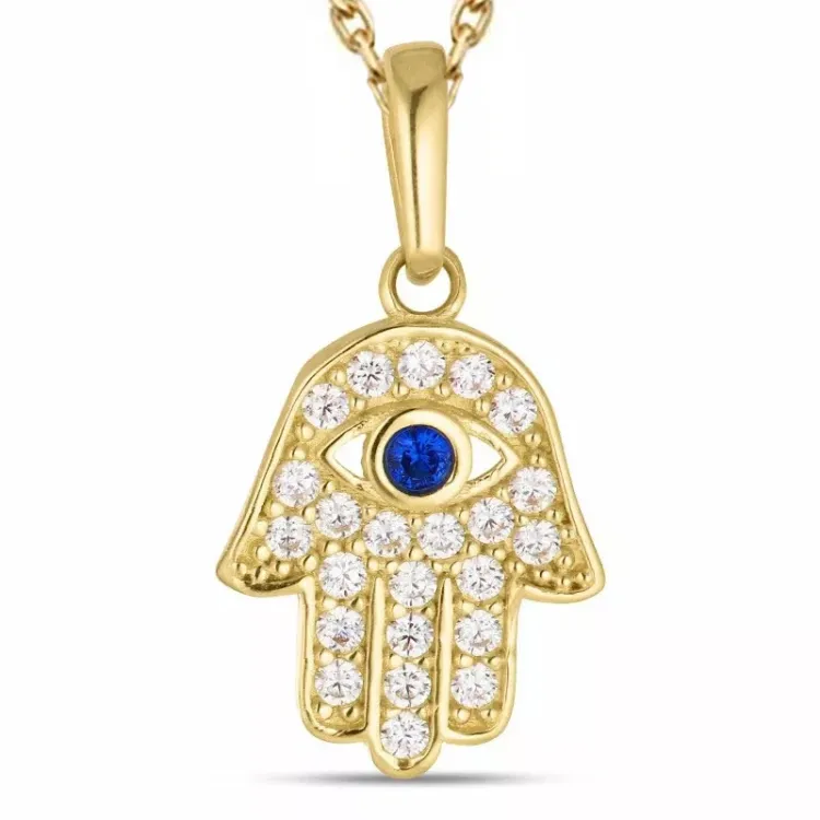 Hamsas hand zirkon halsband i förgyllt silver med hängen i 8 karat guld - Gold Collection