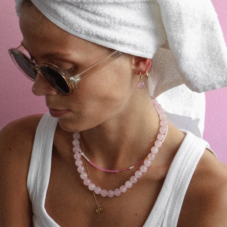 rosa kvarts halsband i förgyllt stål - AURA