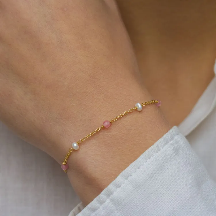 rosa kvarts armband i förgyllt silver  x 4 mm  - Loom Stones
