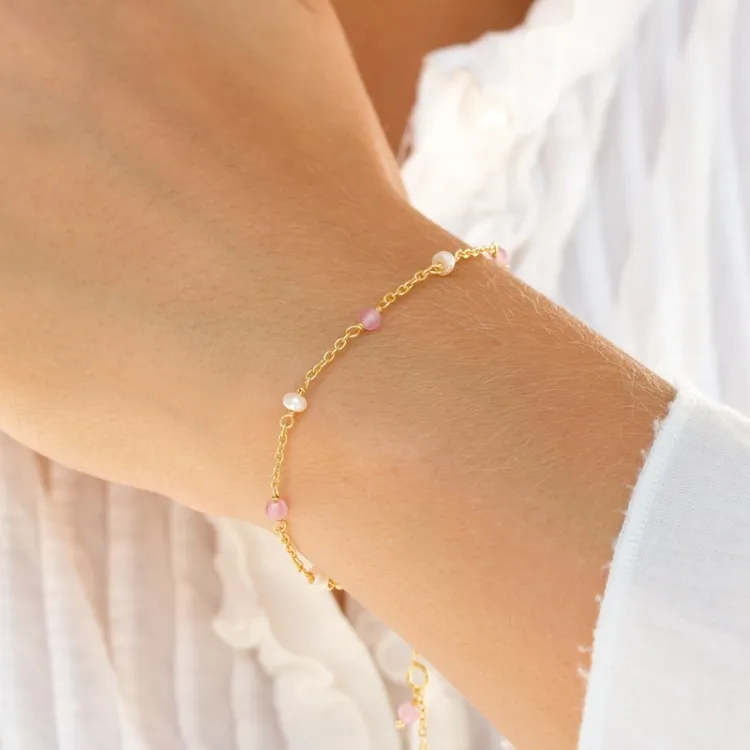 rosa kvarts armband i förgyllt silver  x 4 mm  - Loom Stones