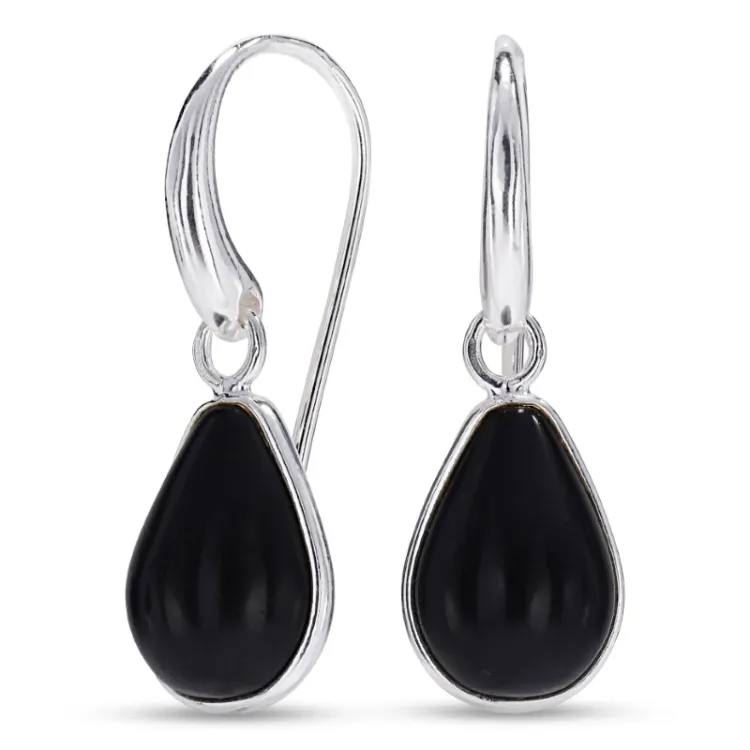 droppe svart onyx örhängen i silver - Loom Stones