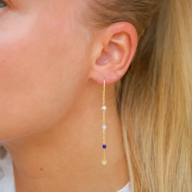 långa blå kedja örhängen i förgyllt silver - Loom Stones