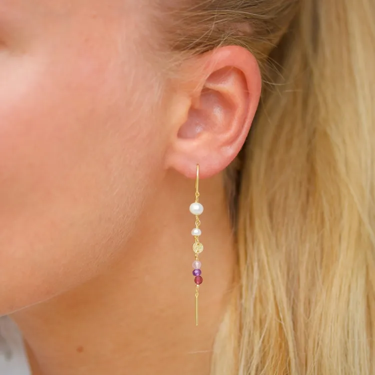 långa rosa kedja örhängen i förgyllt silver - Loom Stones