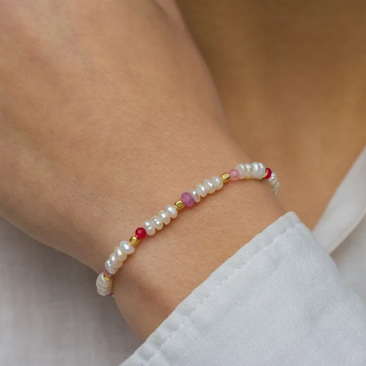 rosa sten armband i förgyllt silver  x   - Loom Stones
