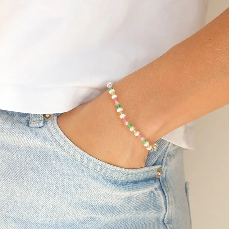 grön armband i förgyllt silver 16 + 3 cm x 4,5 mm  - Loom Stones