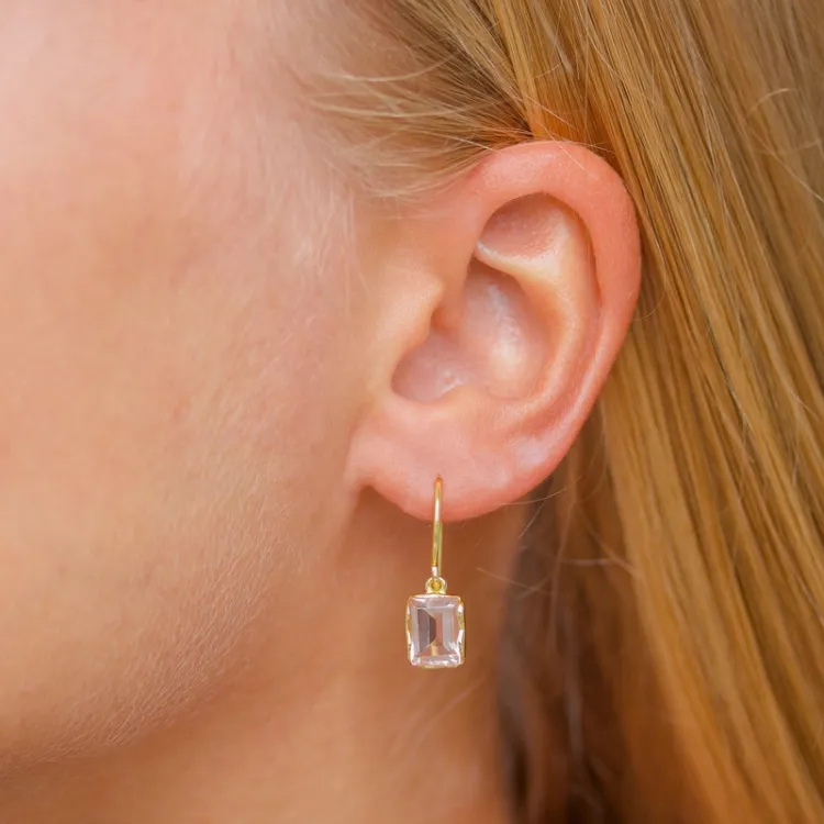 fyrkantigt rosa krystal örhängen i förgyllt silver - Loom Stones