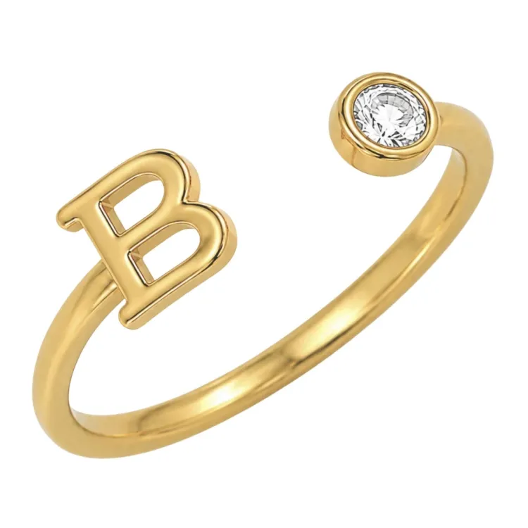 bokstav b zirkon ring i förgylld mässing