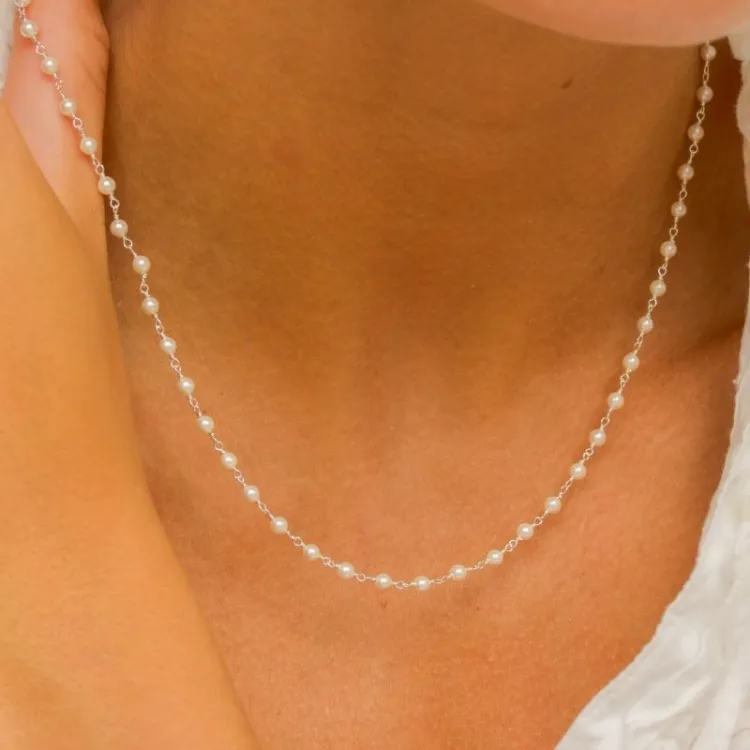 rund vit pärla halsband i silver 40 cm plus 5 cm x 3,3 mm