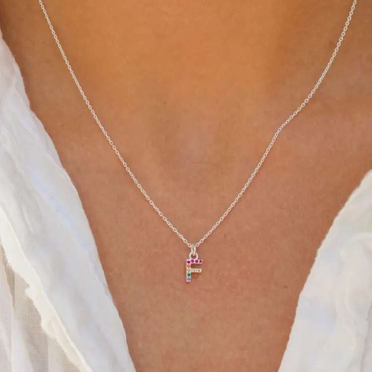 bokstav f multifärgat zirkon halsband i silver - My Letter
