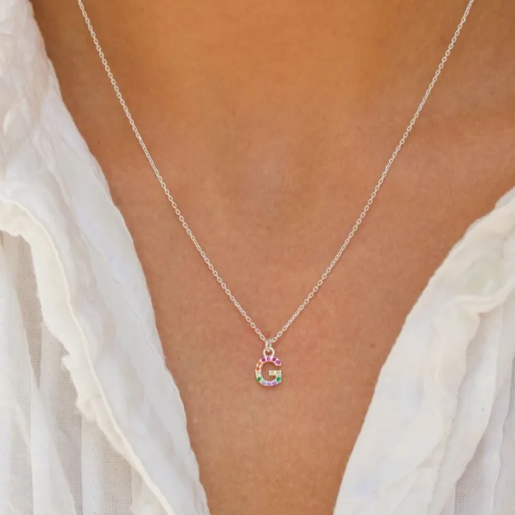 bokstav g multifärgat zirkon halsband i silver - My Letter