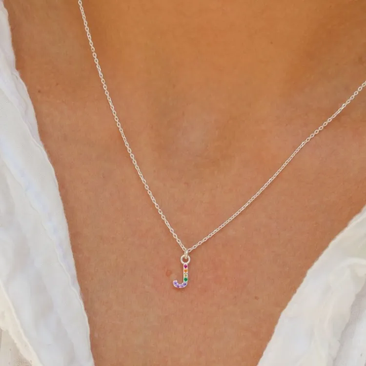 bokstav j multifärgat zirkon halsband i silver - My Letter