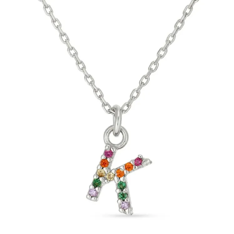 bokstav k multifärgat zirkon halsband i silver - My Letter