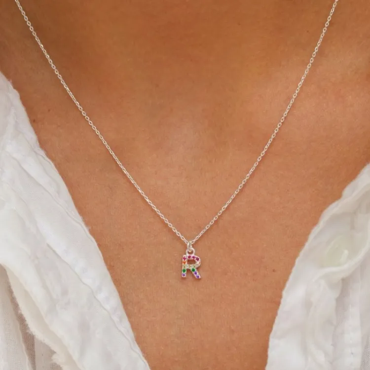 bokstav r multifärgat zirkon halsband i silver - My Letter