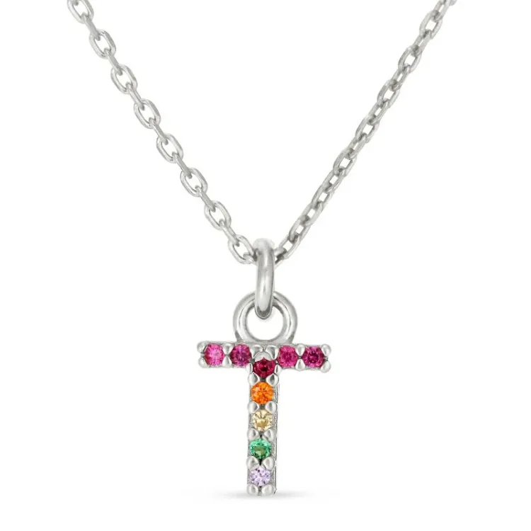 bokstav t multifärgat zirkon halsband i silver - My Letter