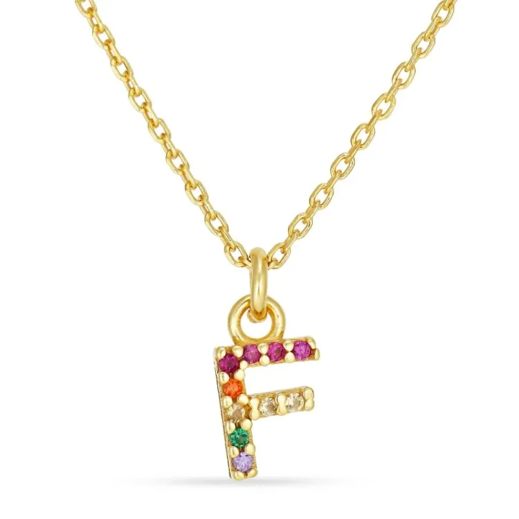 bokstav f multifärgat zirkon halsband i förgyllt silver - My Letter