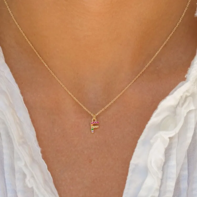 bokstav f multifärgat zirkon halsband i förgyllt silver - My Letter