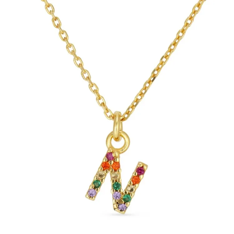 bokstav n multifärgat zirkon halsband i förgyllt silver - My Letter