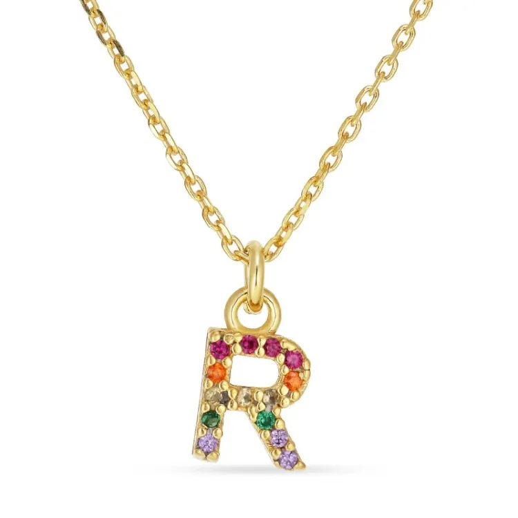 bokstav r multifärgat zirkon halsband i förgyllt silver - My Letter