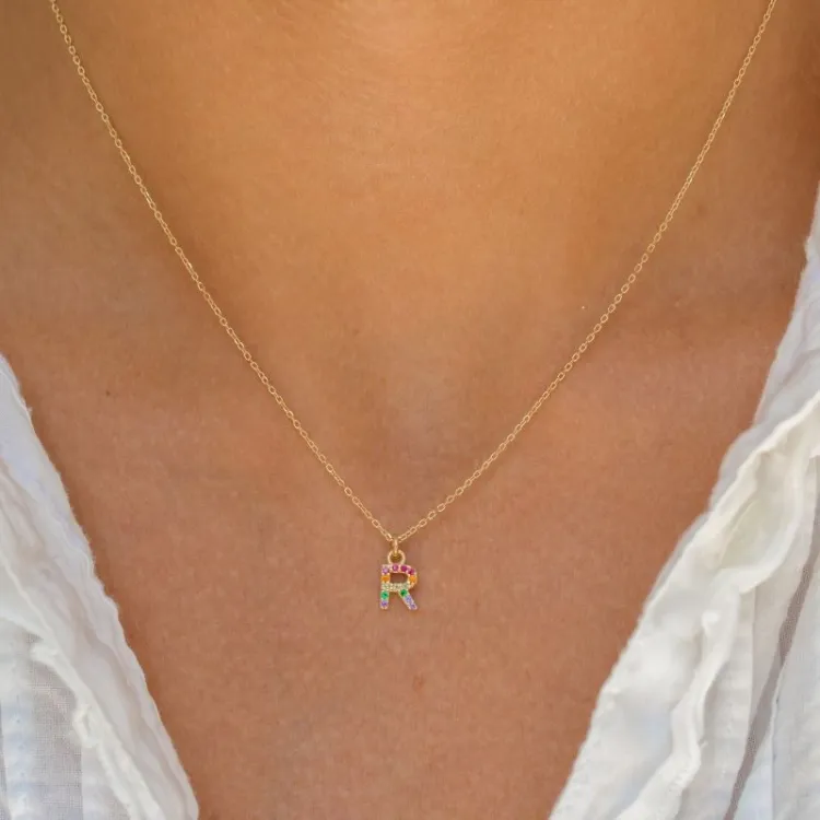 bokstav r multifärgat zirkon halsband i förgyllt silver - My Letter