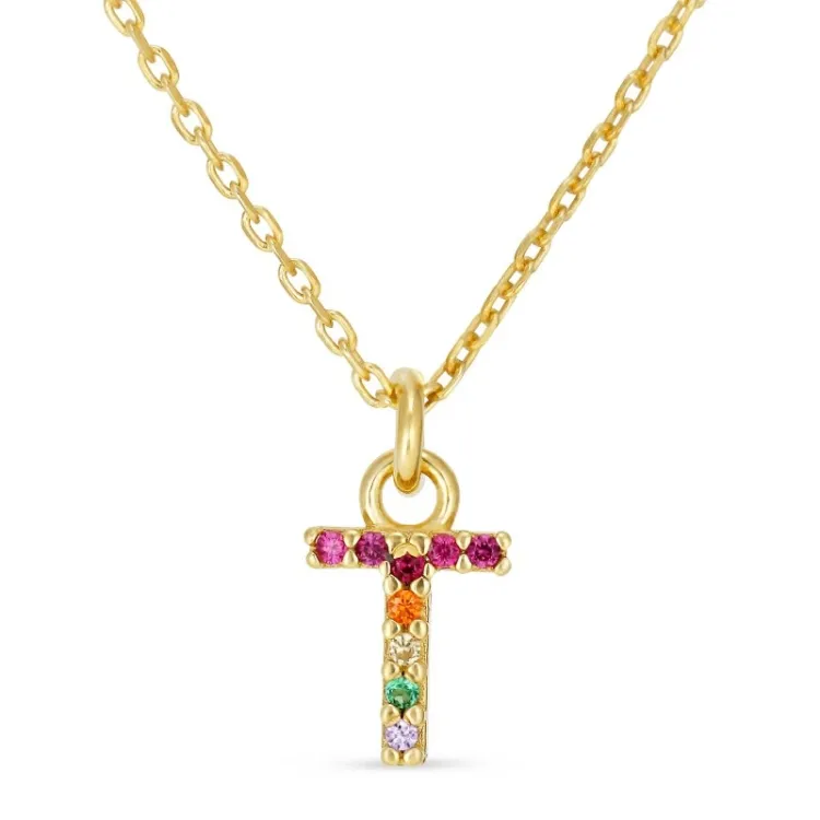 bokstav t multifärgat zirkon halsband i förgyllt silver - My Letter