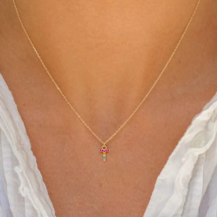 bokstav t multifärgat zirkon halsband i förgyllt silver - My Letter
