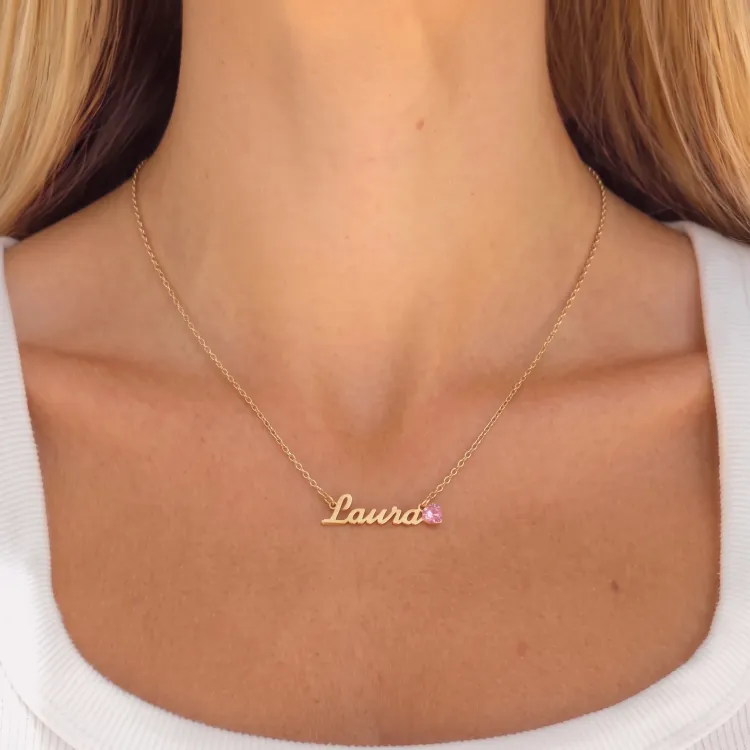 Namnhalsband med hänge i 9 karat guld med 1 facettslipade zirkoner - My Letter