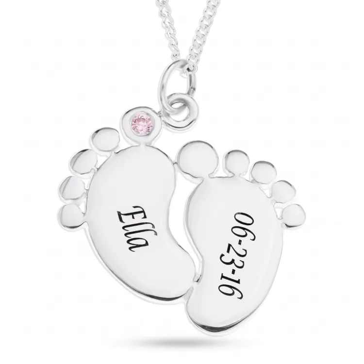 fötter Namnhalsband med hänge i silver med 1 facettslipade rosa zirkon - My Letter