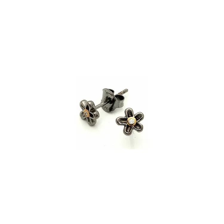 små blommor örhängestift i svart rhodinerat silver med förgyllt silver