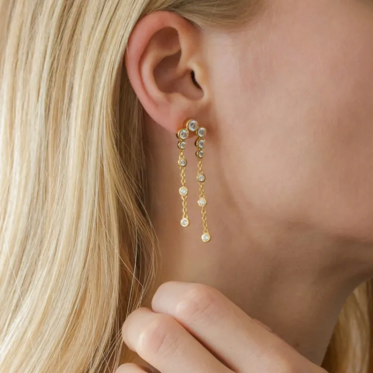 långa zirkon örhängen i förgyllt silver - Bubbly Sparkle
