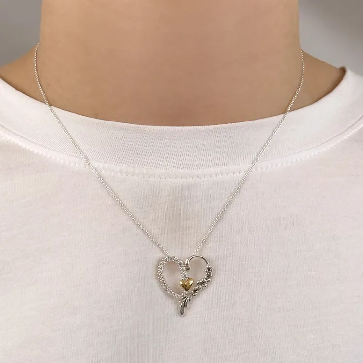 hjärta zirkon hängen i oxiderat sterlingsilver och förgyllt silver