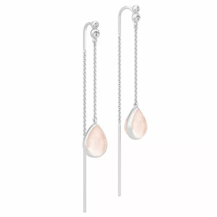 Långa julie sandlau droppe kristal örhängen i satinrhodinerat sterlingsilver rosa kristaller vit zirkon