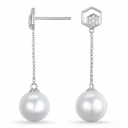 långa pärla briljiantöronringar i 14 karat vitguld med diamant 
