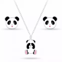 panda set med örhängen och halsband i silver vit emalj sort emalj rosa emalj