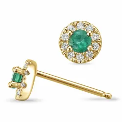 runda gröna smaragd örhängestift i 14 karat guld med diamant och smaragd