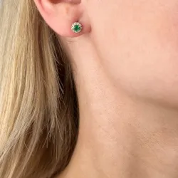 runda gröna smaragd örhängestift i 14 karat guld med diamant och smaragd
