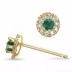 runda gröna smaragd örhängestift i 14 karat guld med diamant och smaragd 