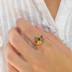 blommor multifärgat bärnsten ring i förgyllt silver
