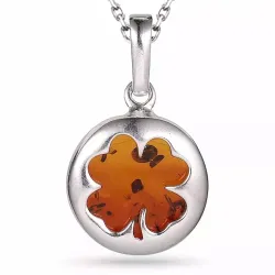 fyrklöver bärnsten halsband i silver med hängen i silver