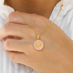 prästkrage rosa halsband i förgyllt silver med hängen i förgyllt silver - Marie