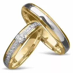 tvåfärgad vigselsringar i 14  karat guld- och vitguld 0,09 ct og 0,008 ct - set