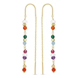 långa multifärgade kedja örhängen i förgyllt silver - Loom Stones