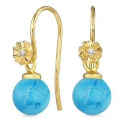 blommor syntetisk turkis öronkrokar i förgyllt silver