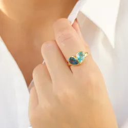 blå kristal ring i förgylld mässing - Loom Stones