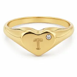 bokstav t zirkon ring i förgylld mässing