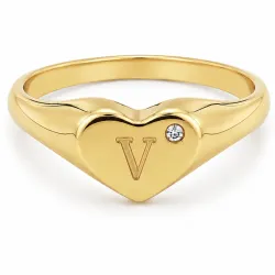 bokstav v zirkon ring i förgylld mässing