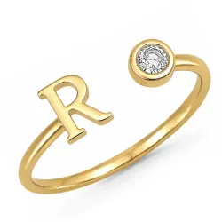 bokstav r zirkon ring i förgylld mässing