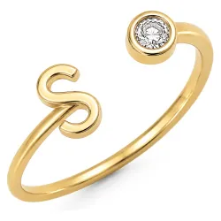 bokstav s zirkon ring i förgylld mässing