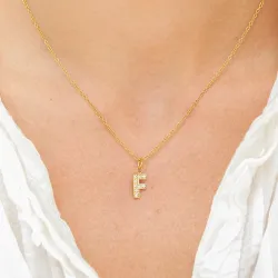 vattentät bokstav f zirkon halskedja med berlocker i förgyllt stål - OCEANA