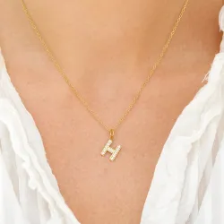 vattentät bokstav h zirkon halskedja med berlocker i förgyllt stål - OCEANA