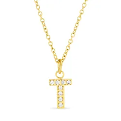 vattentät bokstav t zirkon halskedja med berlocker i förgyllt stål - OCEANA